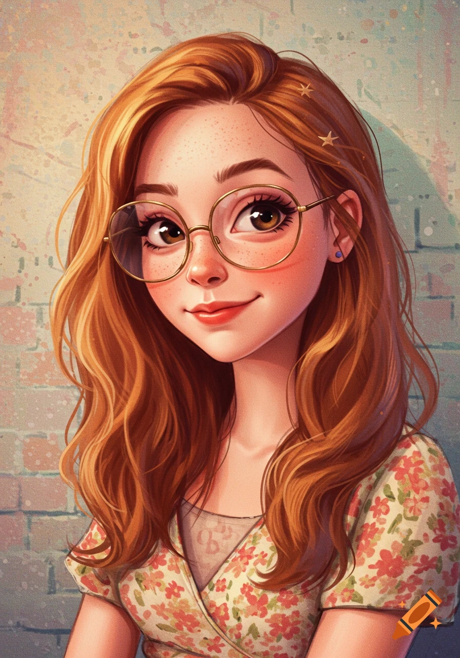 A young woman with red hair, glasses, and a floral top smiling