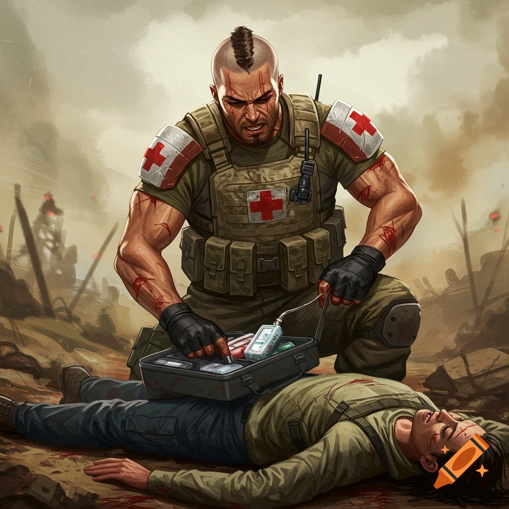 A medic treats a wounded person on a battlefield