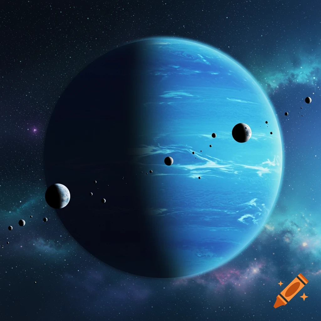 Showing the blue planet Neptune and several of its moons in orbit against a starry background.