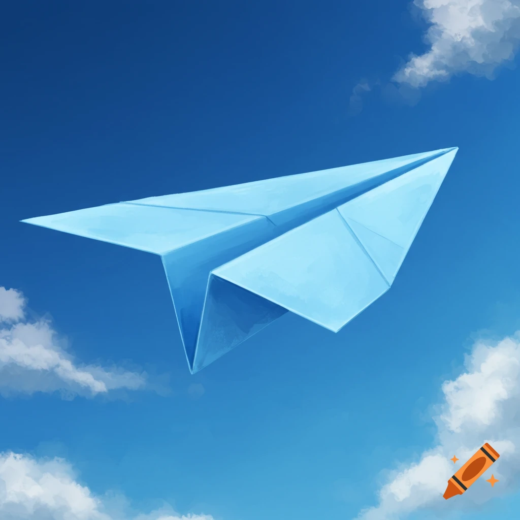 A blue paper airplane flies through a blue sky with white clouds.