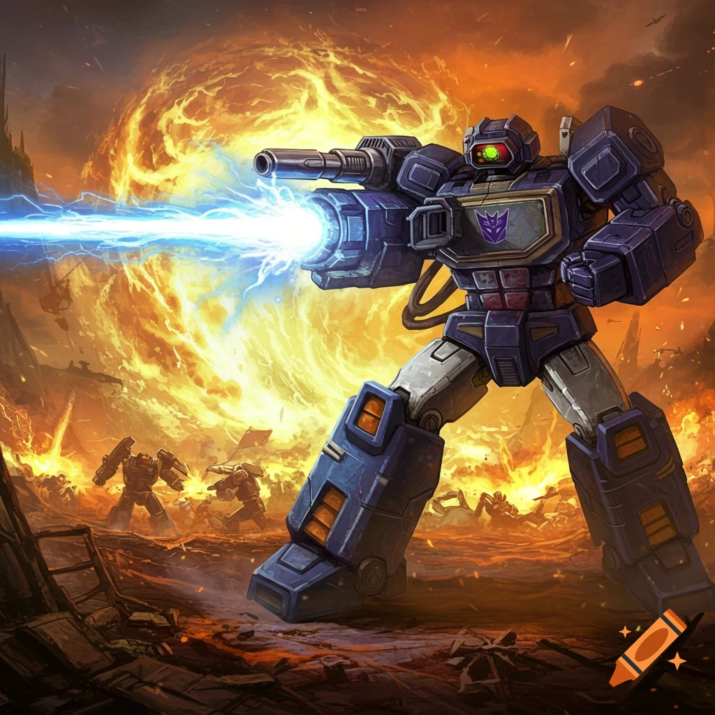 A large purple and grey robot firing a cannon in a fiery battle.
