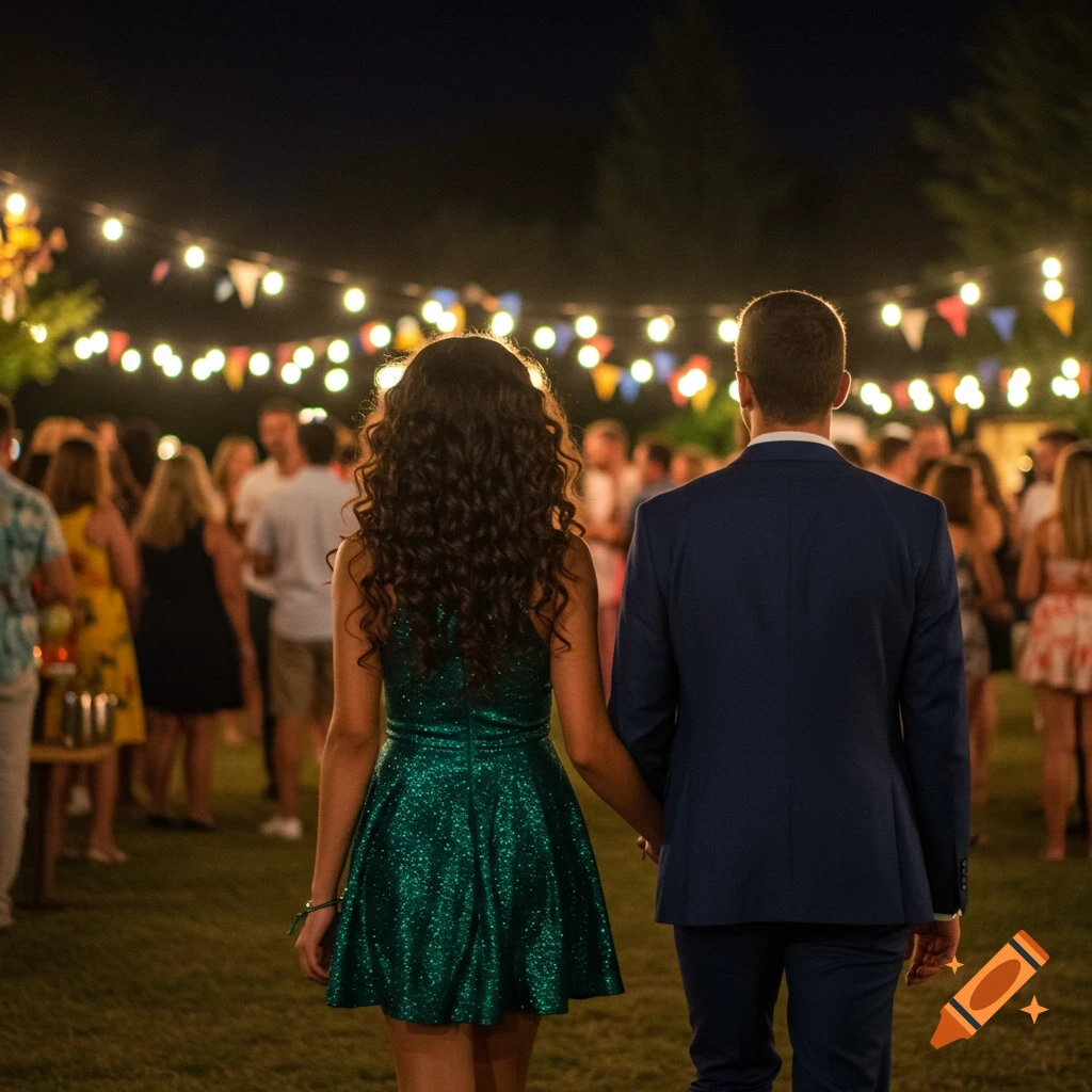 A couple holding hands walks toward a crowd at an outdoor party with string lights and banners at night.