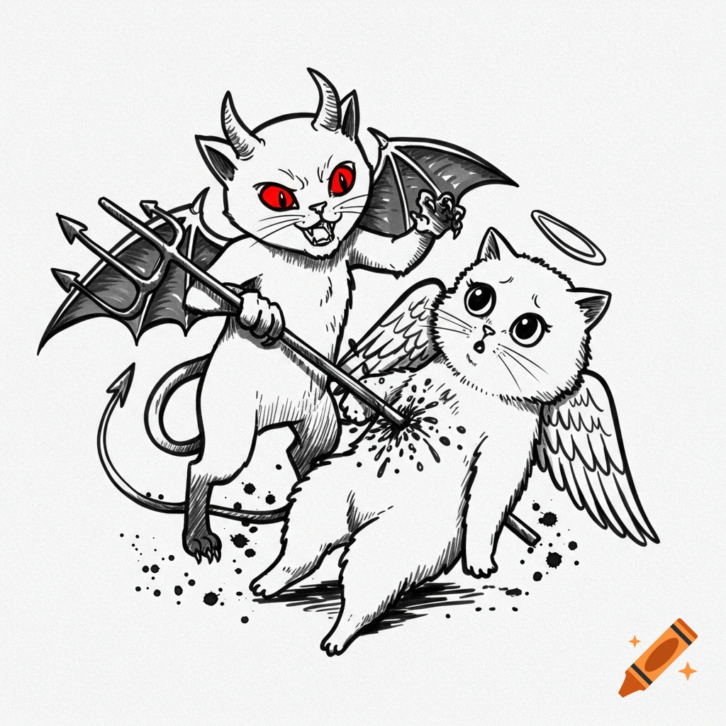 Sketch illustration of a devil cat stabbing an angel cat with a pitchfork