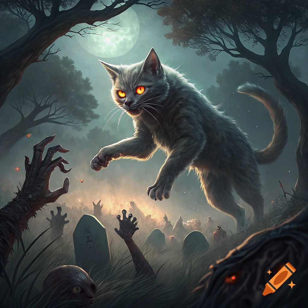 A large grey cat with glowing eyes leaps over a graveyard where zombie hands reach up under a full moon.