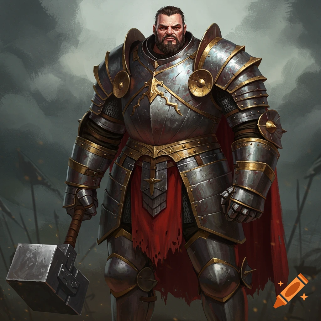 A heavily armored knight with a hammer stands on a battlefield.