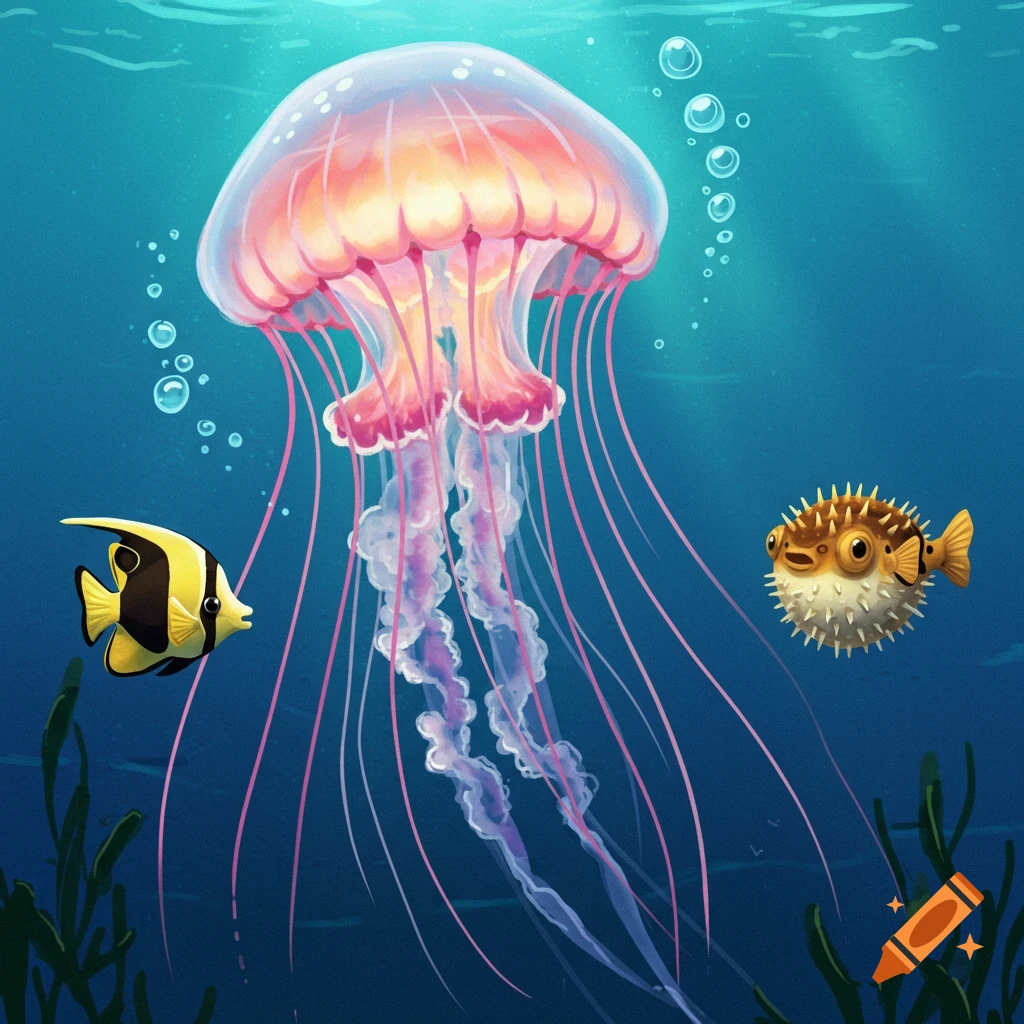 Illustration of a jellyfish, butterflyfish, and pufferfish underwater.