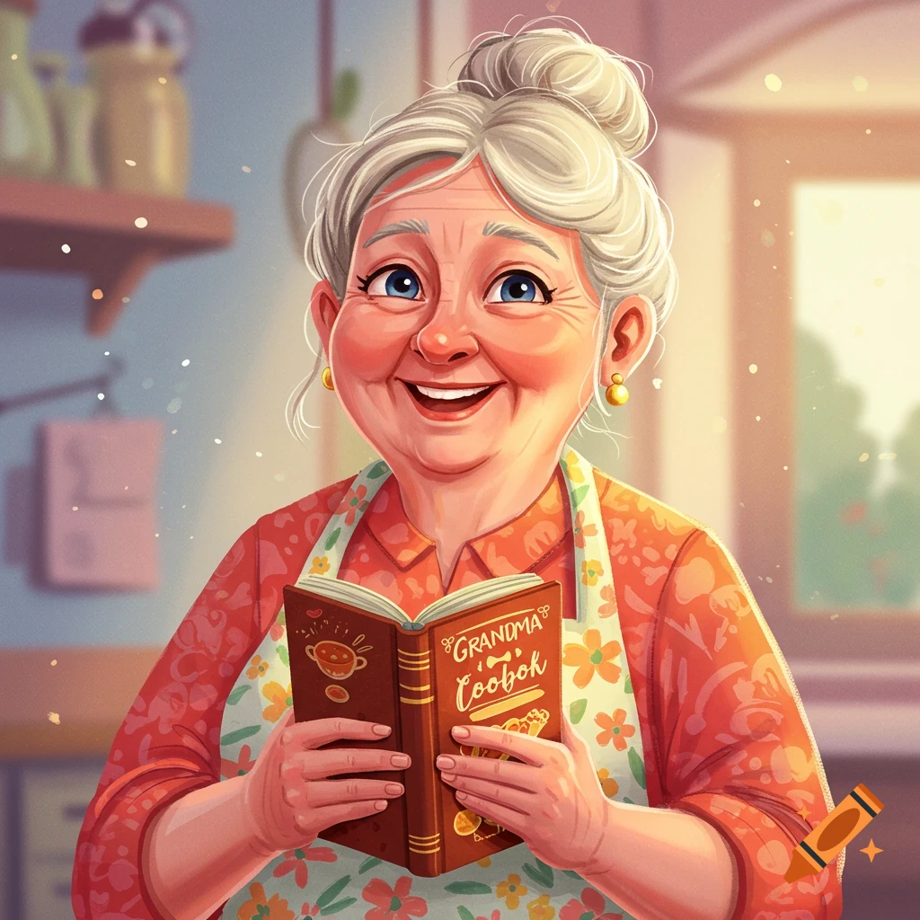 An illustration of a smiling grandma in an apron holding a book labeled 'Grandma's Coobok' in a kitchen.