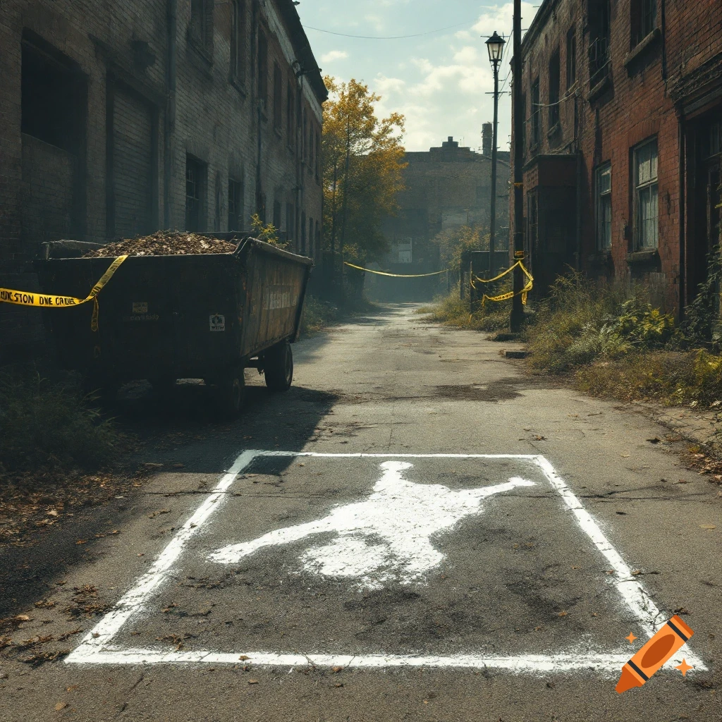 A chalk outline of a body lies on the asphalt in an alley, blocked off by yellow crime scene tape. A full dumpster sits nearby.