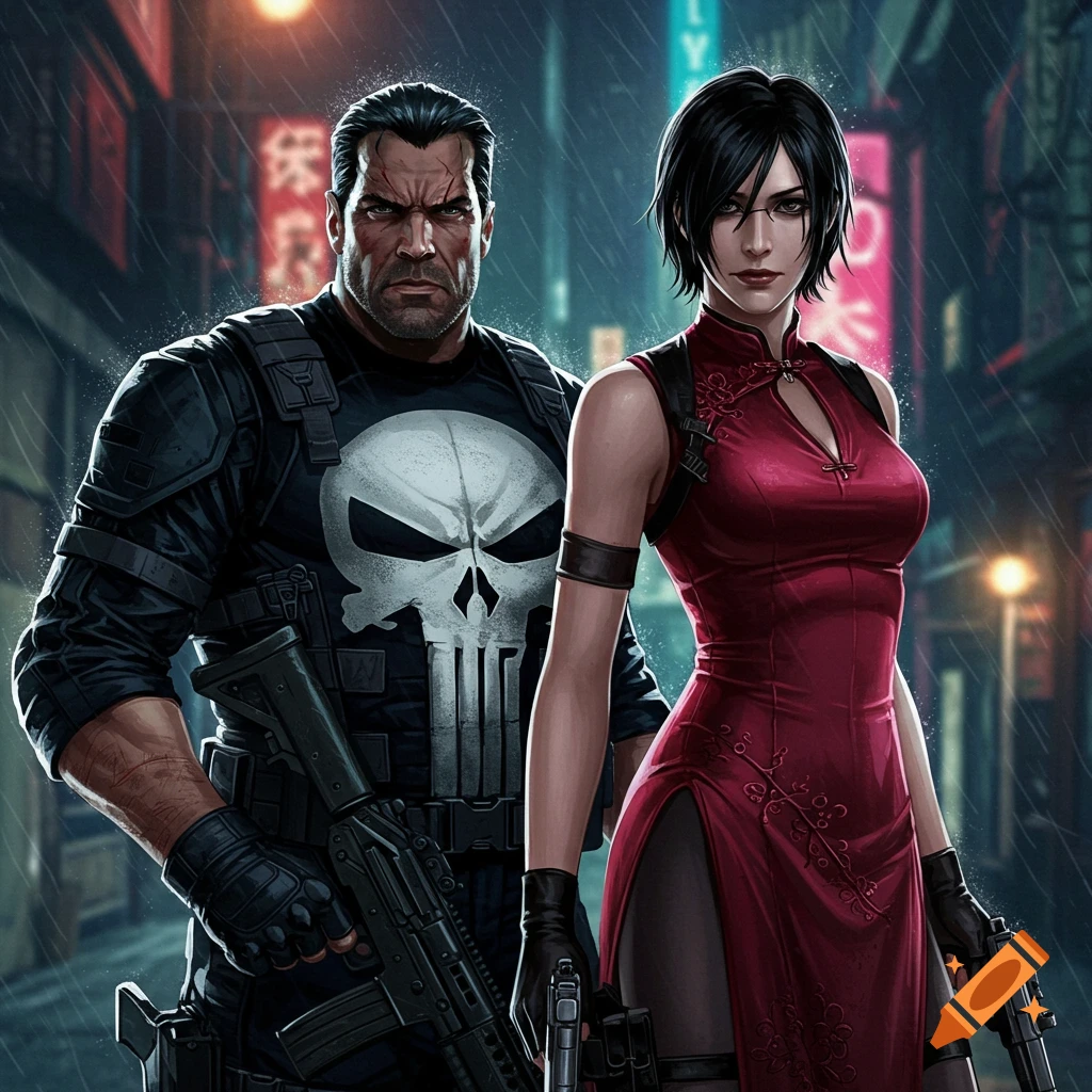 Punisher and Ada Wong standing together with guns in a rainy city street.
