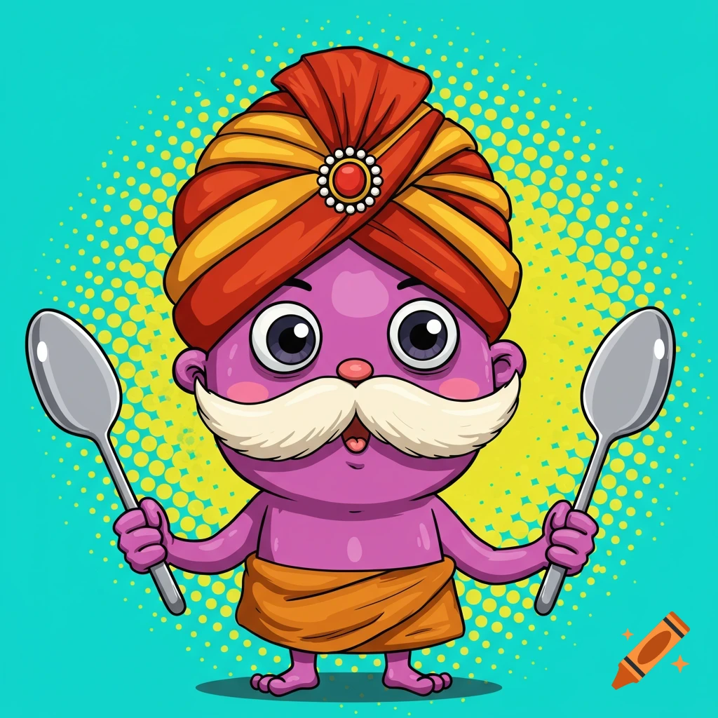 Cartoon character in a turban and mustache holding spoons on a pop art background.