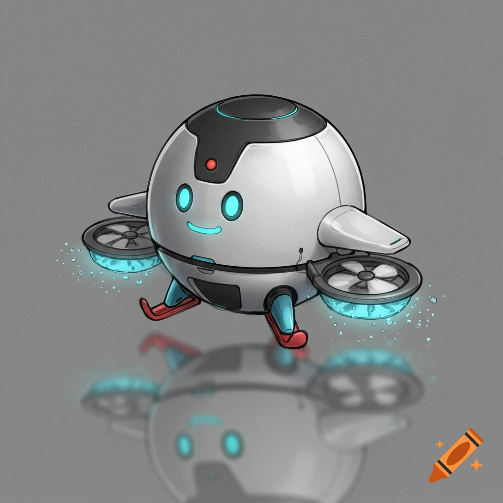 A cute, spherical white robot drone with glowing blue eyes, propellers, and red feet floats above its reflection.