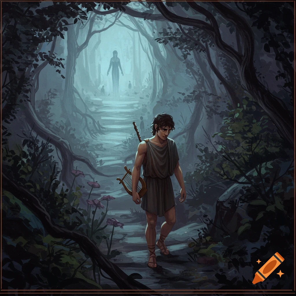 A man with a lyre walking through a dark forest towards ghostly figures in the distance.