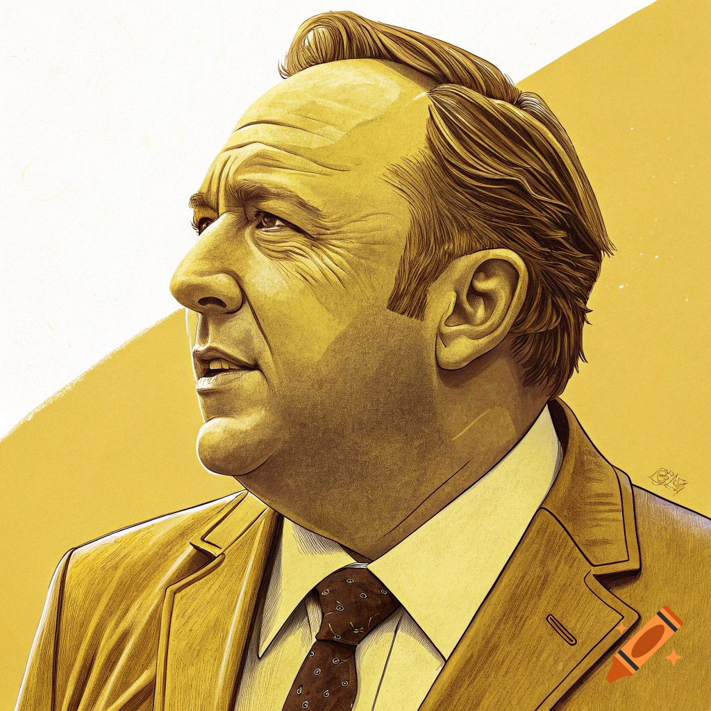 Stylized illustration of a man in a suit looking left in a gold and yellow color scheme.