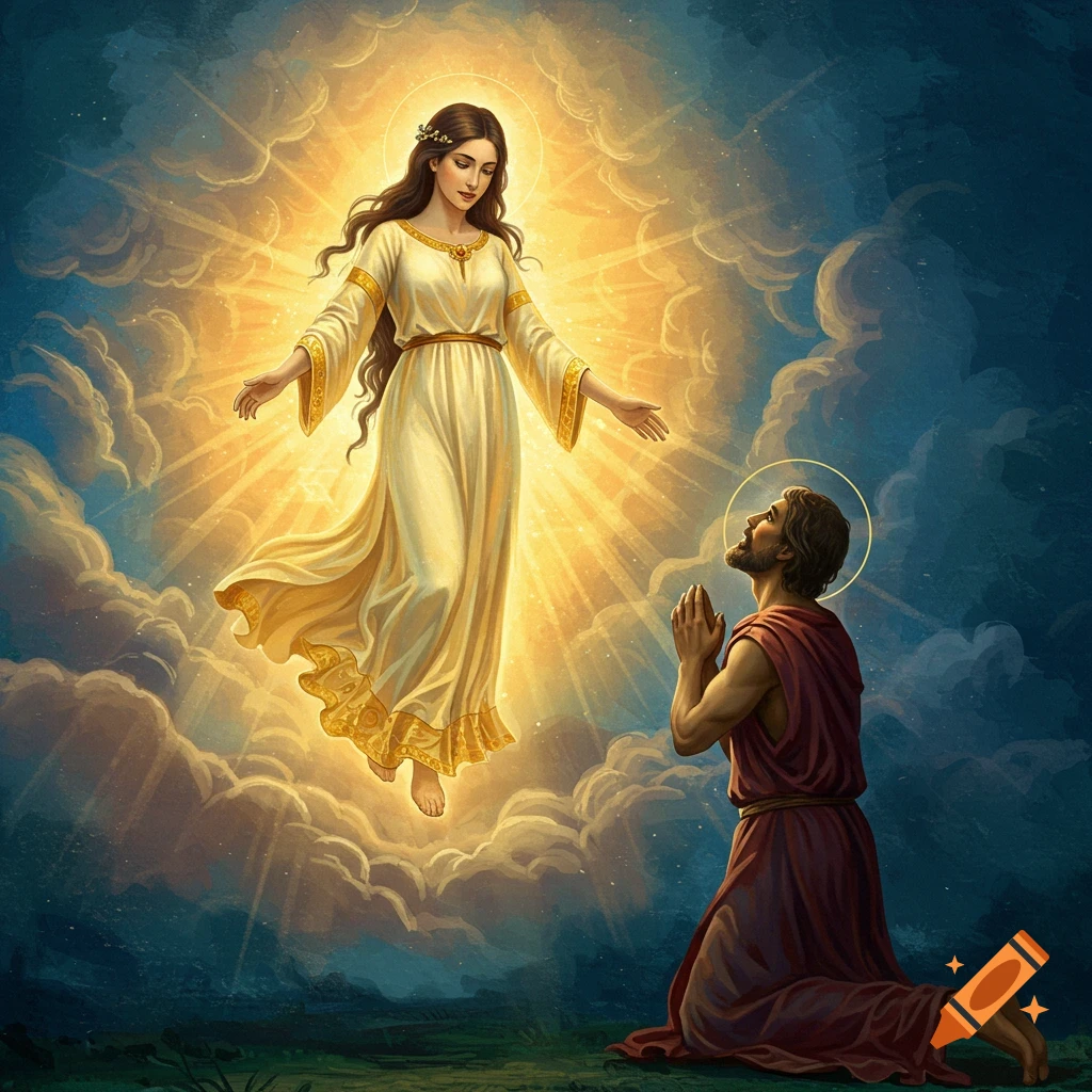 Spiritual image of a glowing figure descending to a kneeling man