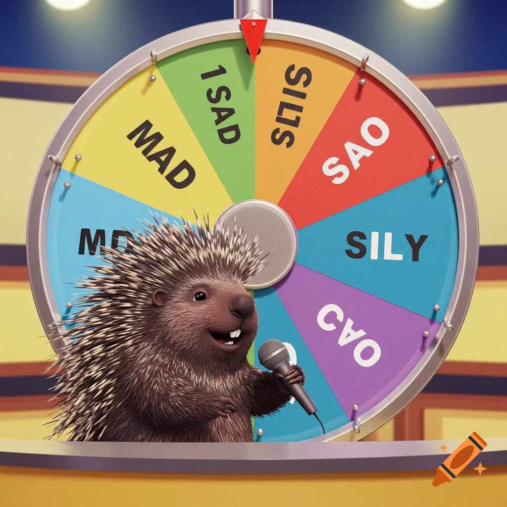 A cartoon porcupine holds a microphone in front of a spinning game show wheel.