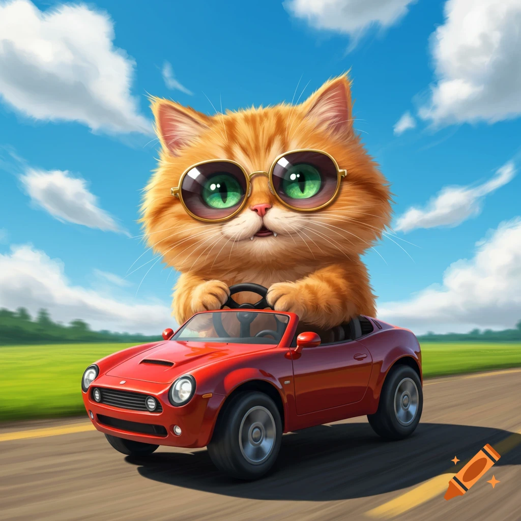 An orange cat wearing sunglasses drives a red mini car on a sunny road.