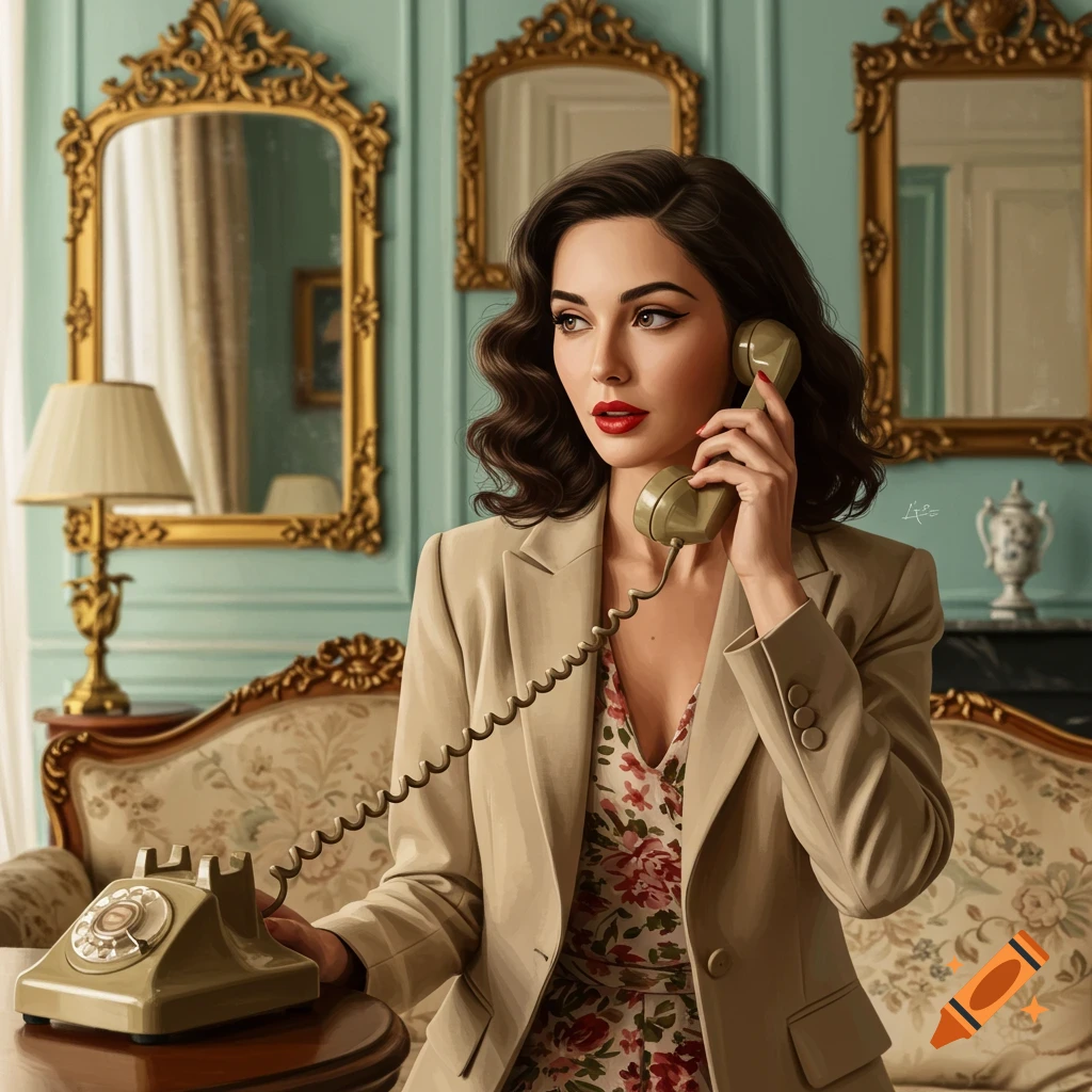 Woman in a blazer talking on a vintage telephone in a room with mirrors, digital art