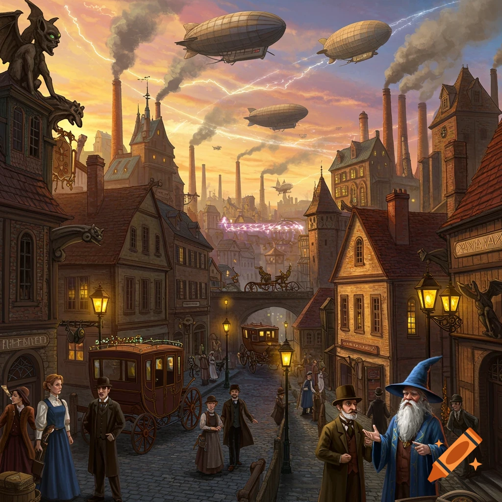 A steampunk fantasy city with blimps, factories, carriages, people, and a wizard on a street at sunset.