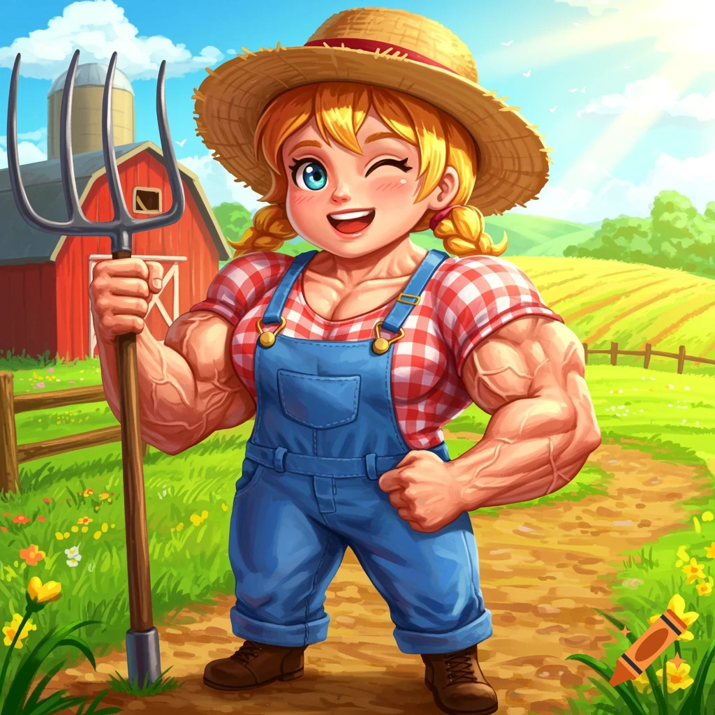 A muscular young farm girl in overalls and a straw hat holds a pitchfork in a sunny field.