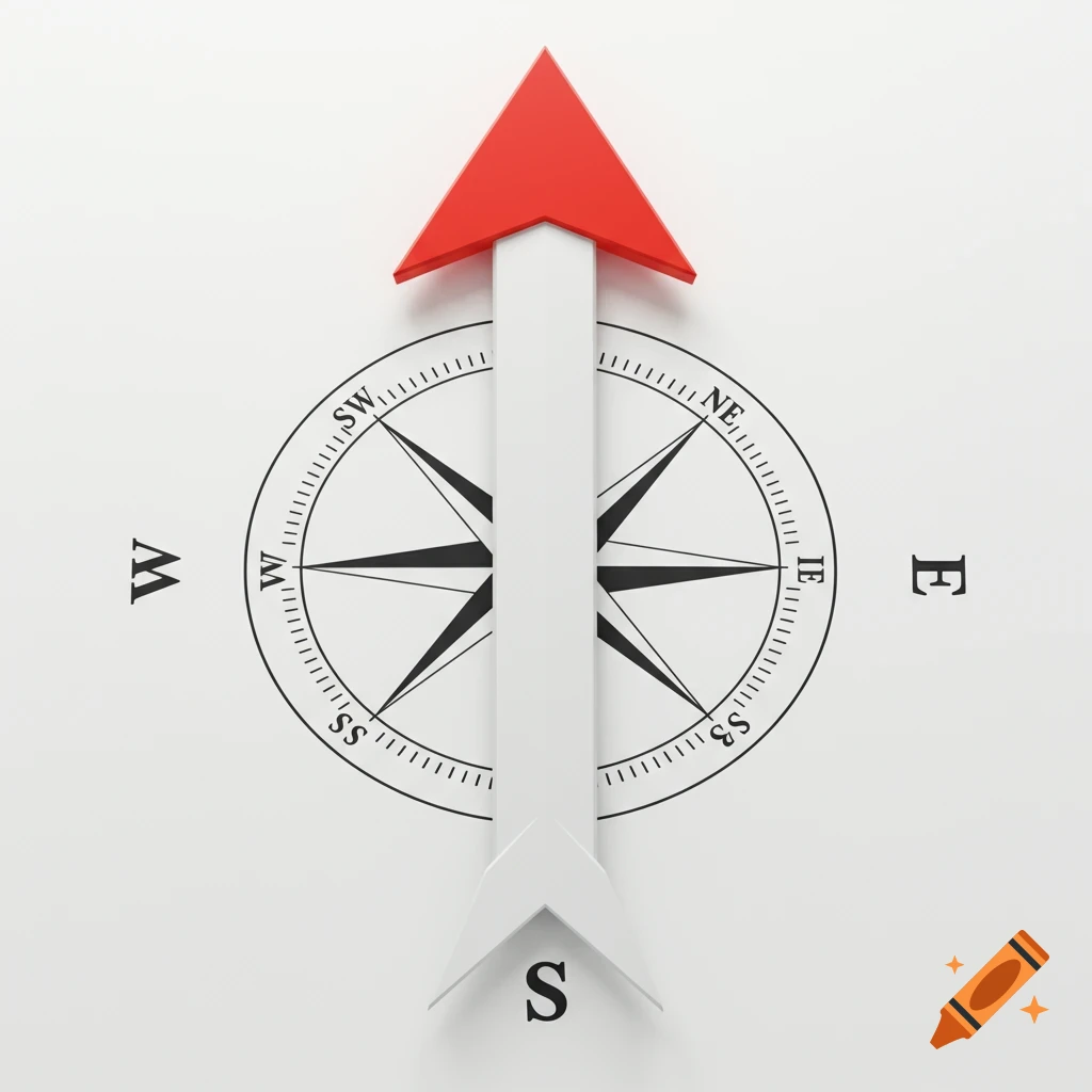 A 3D illustration of a compass face with a large red arrow pointing north on a white background.