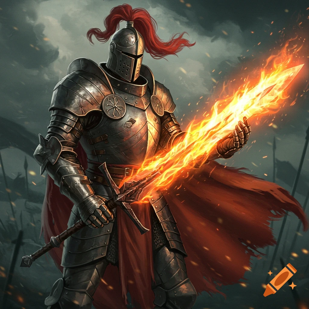 A knight in armor holding a glowing fiery sword on a battlefield.