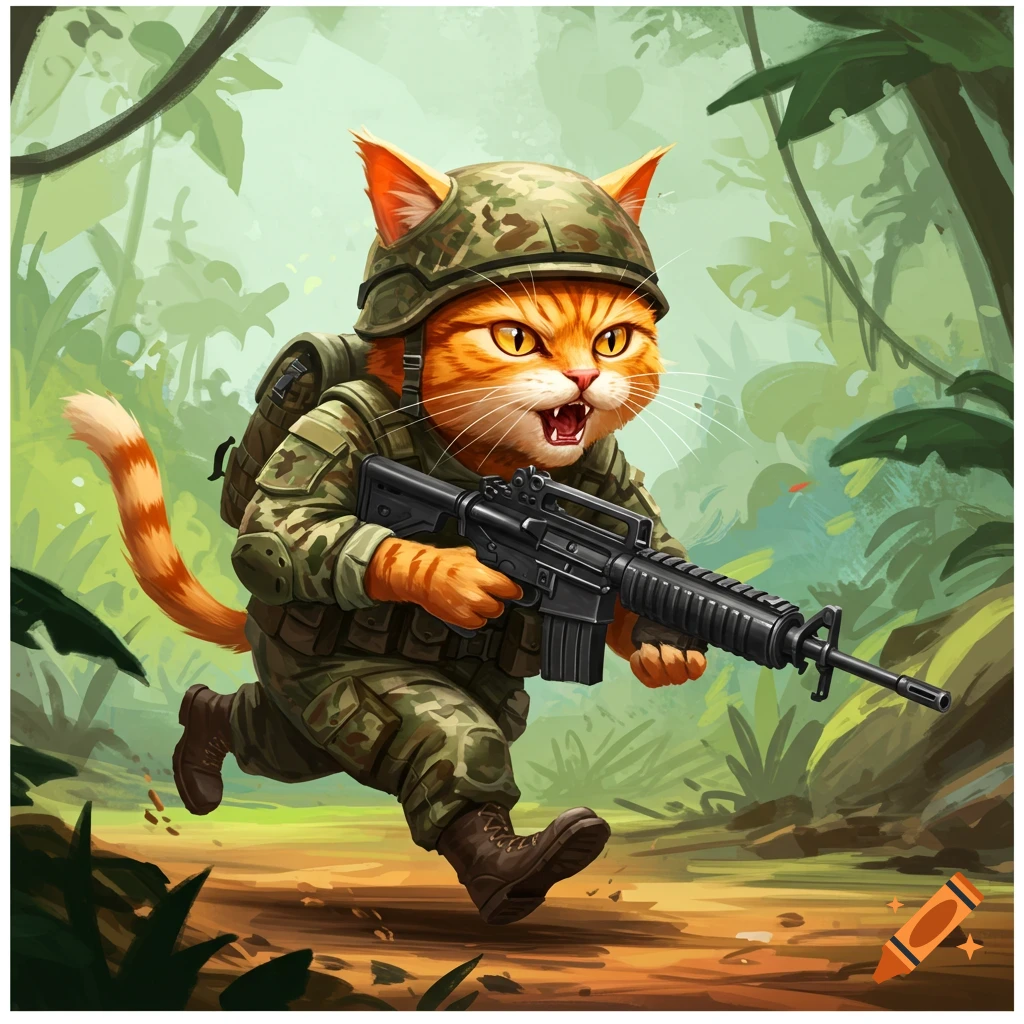 Cartoon cat in military gear running with a rifle in a jungle.
