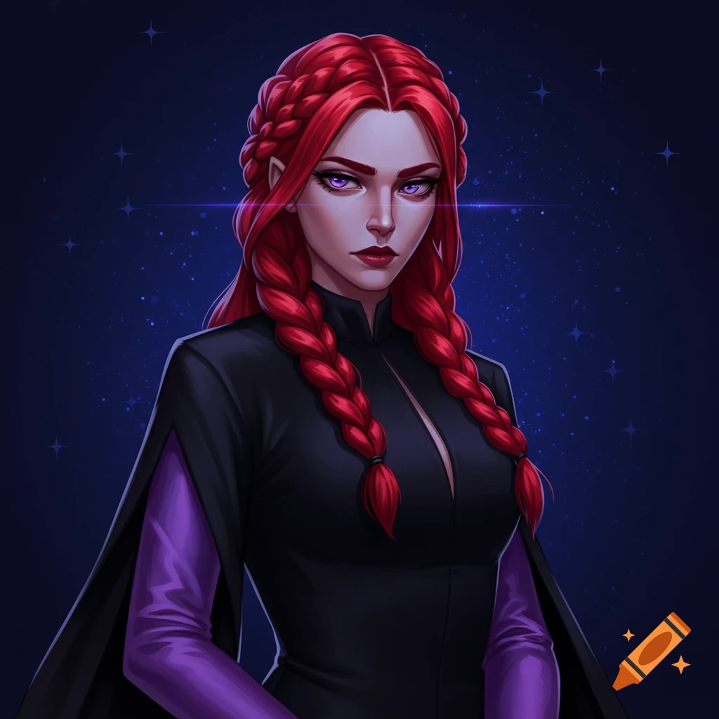A woman with red braided hair and purple eyes, wearing a black dress with purple sleeves, is shown against a starry background.