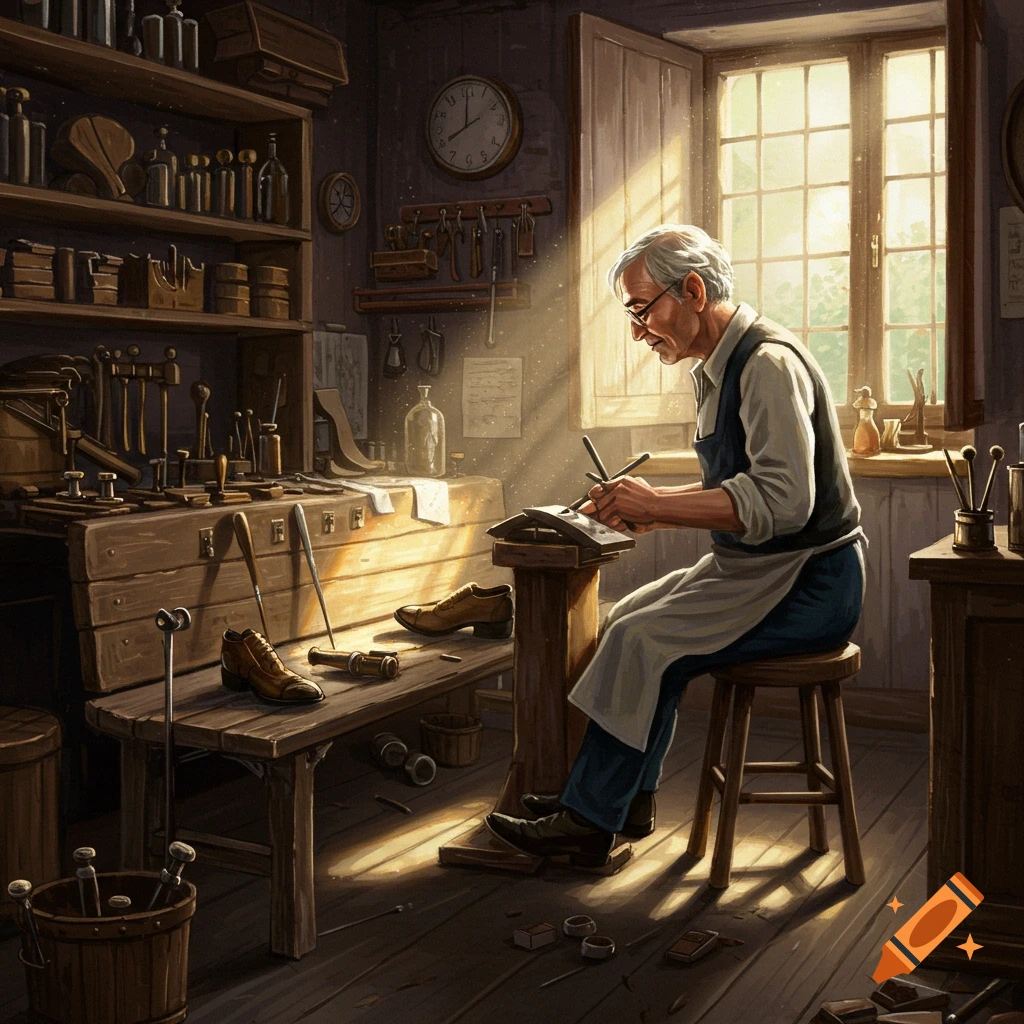 An old shoemaker working at his bench in a sunlit workshop.