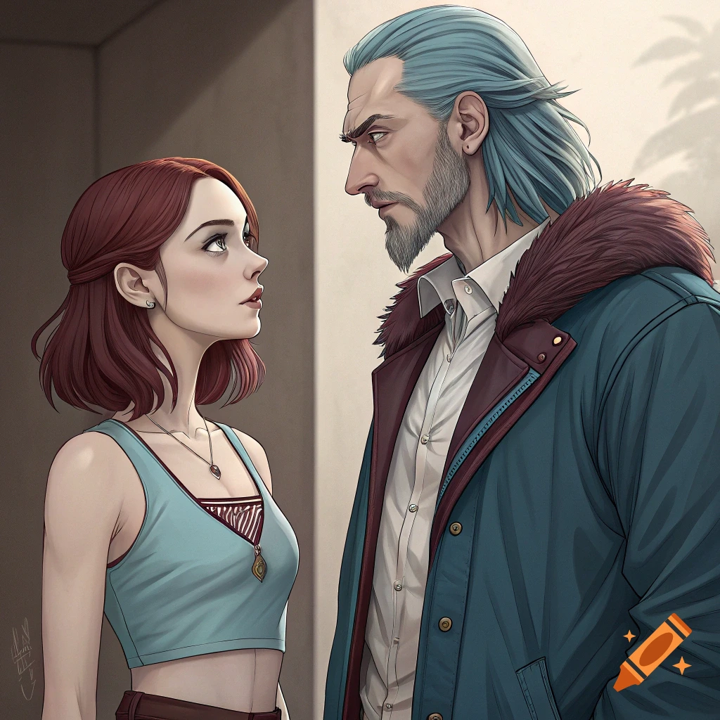 Anime style illustration of a young woman and a tall man looking at each other.