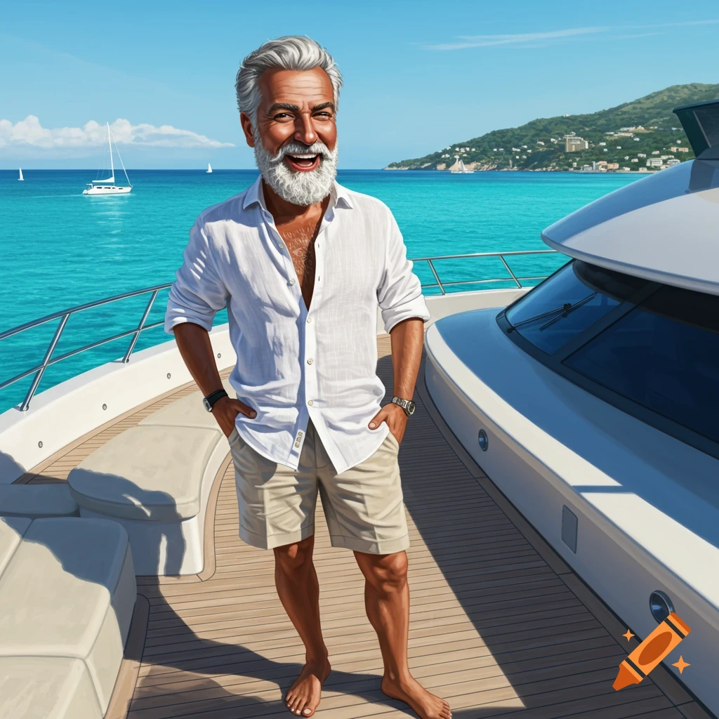 Image of a smiling man on a yacht in a tropical setting.