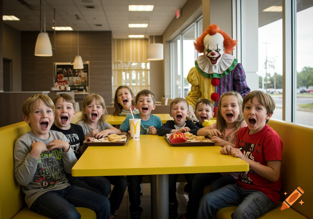 A group of children scream in terror at a menacing clown in a McDonald's restaurant.