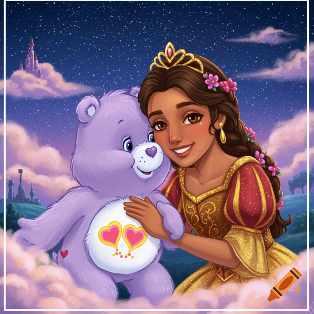 A purple Care Bear and a princess embrace in a starry sky with clouds and a distant castle.