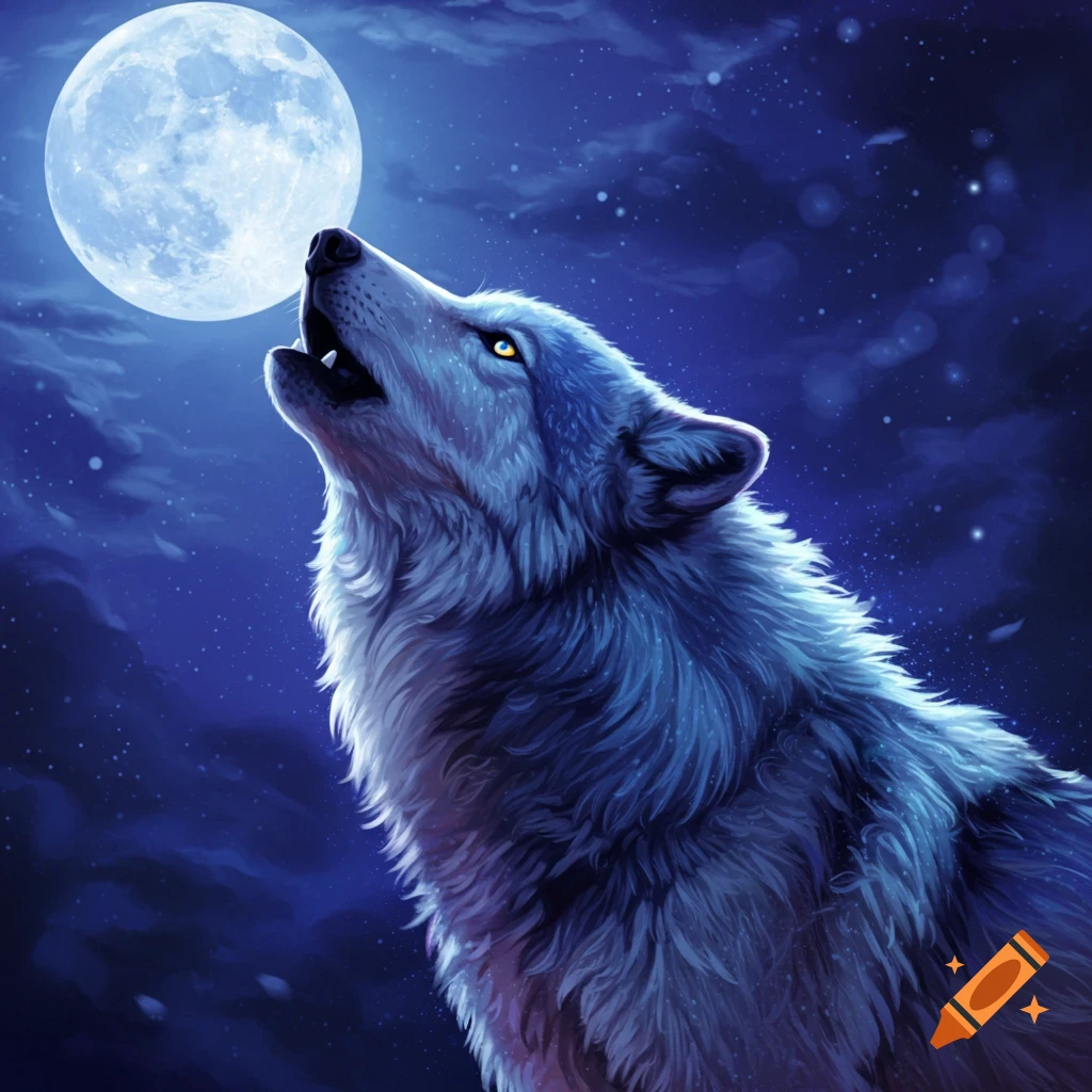 A wolf howling at a large moon.