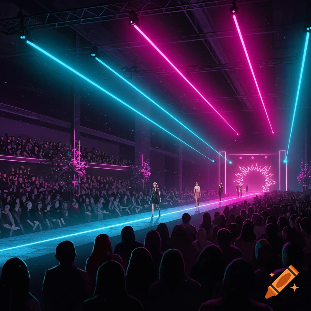 A fashion runway show with models walking the catwalk under bright pink and blue neon lights, viewed from the audience.