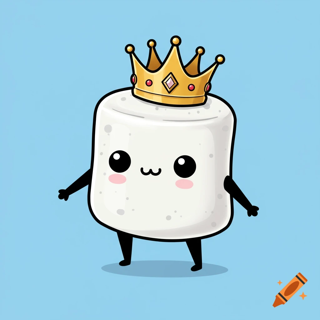 Cute cartoon marshmallow character wearing a gold crown on a blue background.