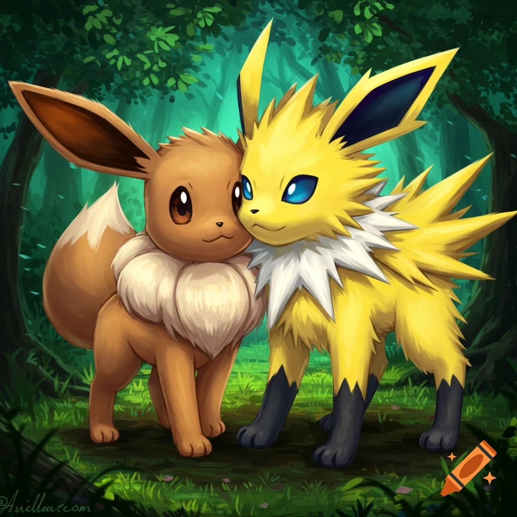 Eevee and Jolteon standing in a forest.