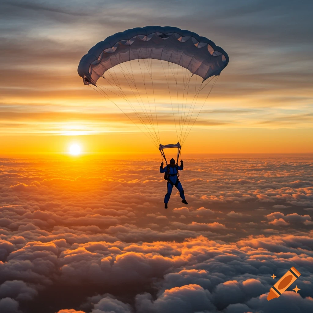 A skydiver floats beneath a parachute high above a layer of clouds as the sun sets on the horizon.