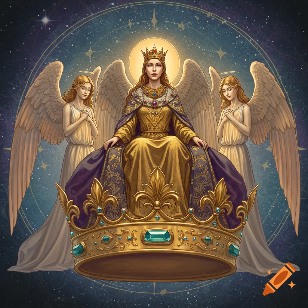 A queen with a golden dress and purple cloak sits on a crown throne, flanked by two praying angels, against a starry sky.