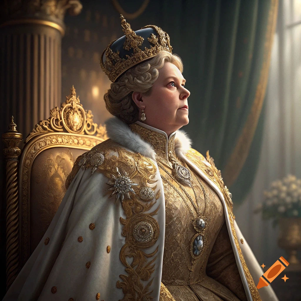 Portrait of a person in a golden royal gown, fur-trimmed cloak, and crown, seated on a golden throne. Photorealistic style.