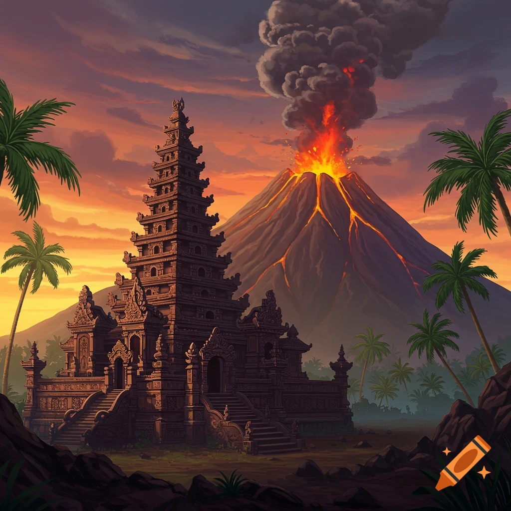 A temple stands before an erupting volcano at sunset with palm trees.