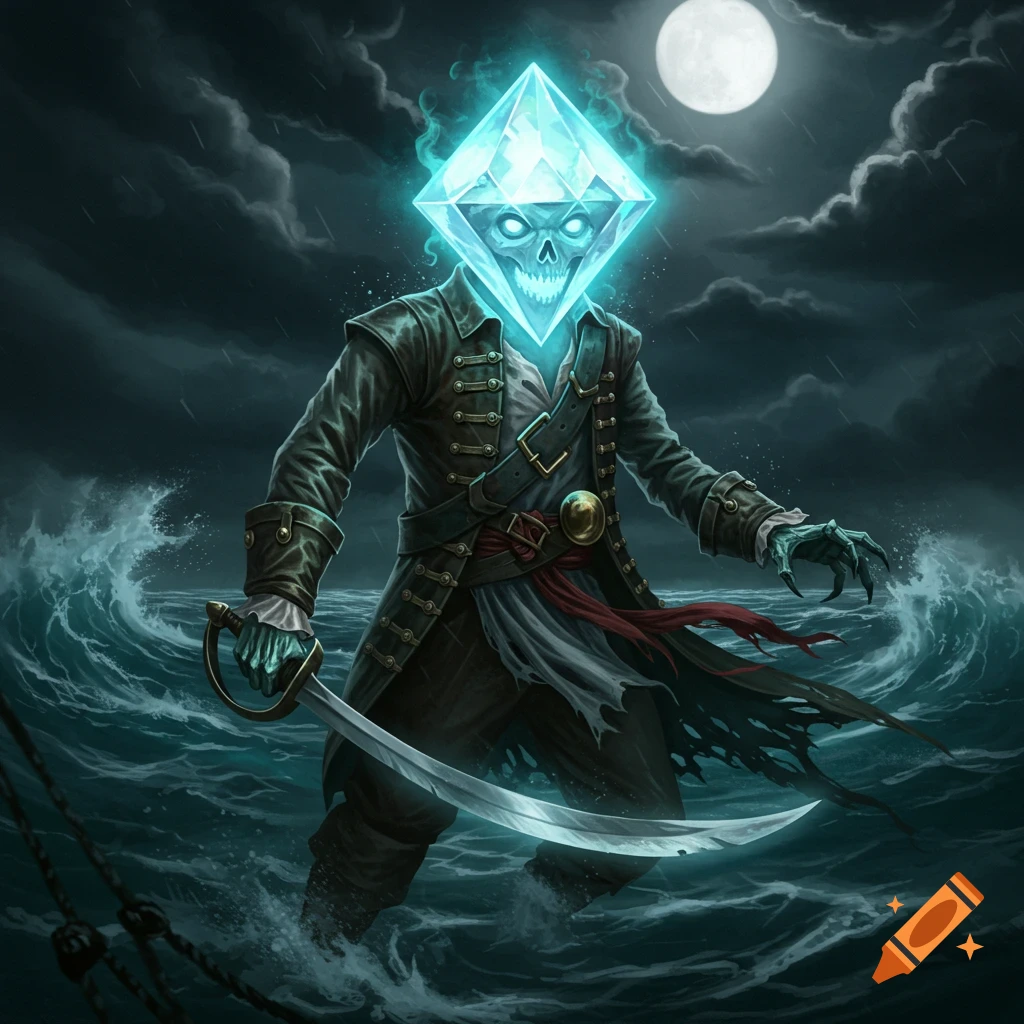 A diamond head ghost pirate with a sword stands in a stormy sea under a full moon.