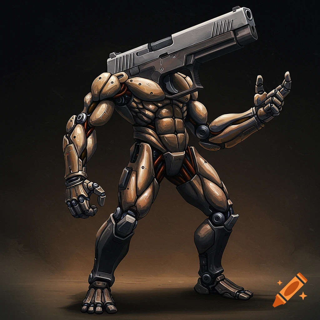 A humanoid robot with a pistol as its head
