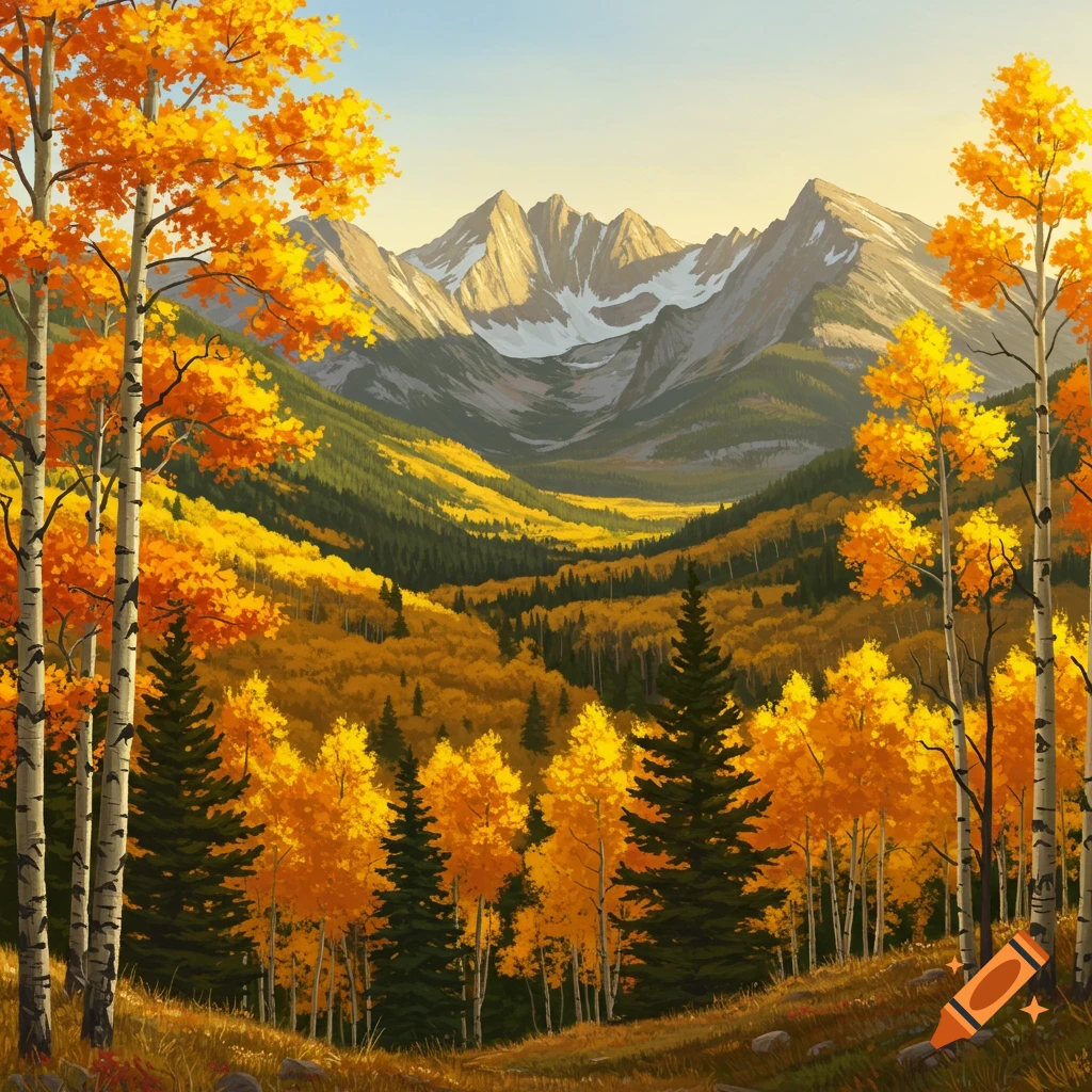 A scenic view of mountains and Aspen trees in vibrant fall colors.