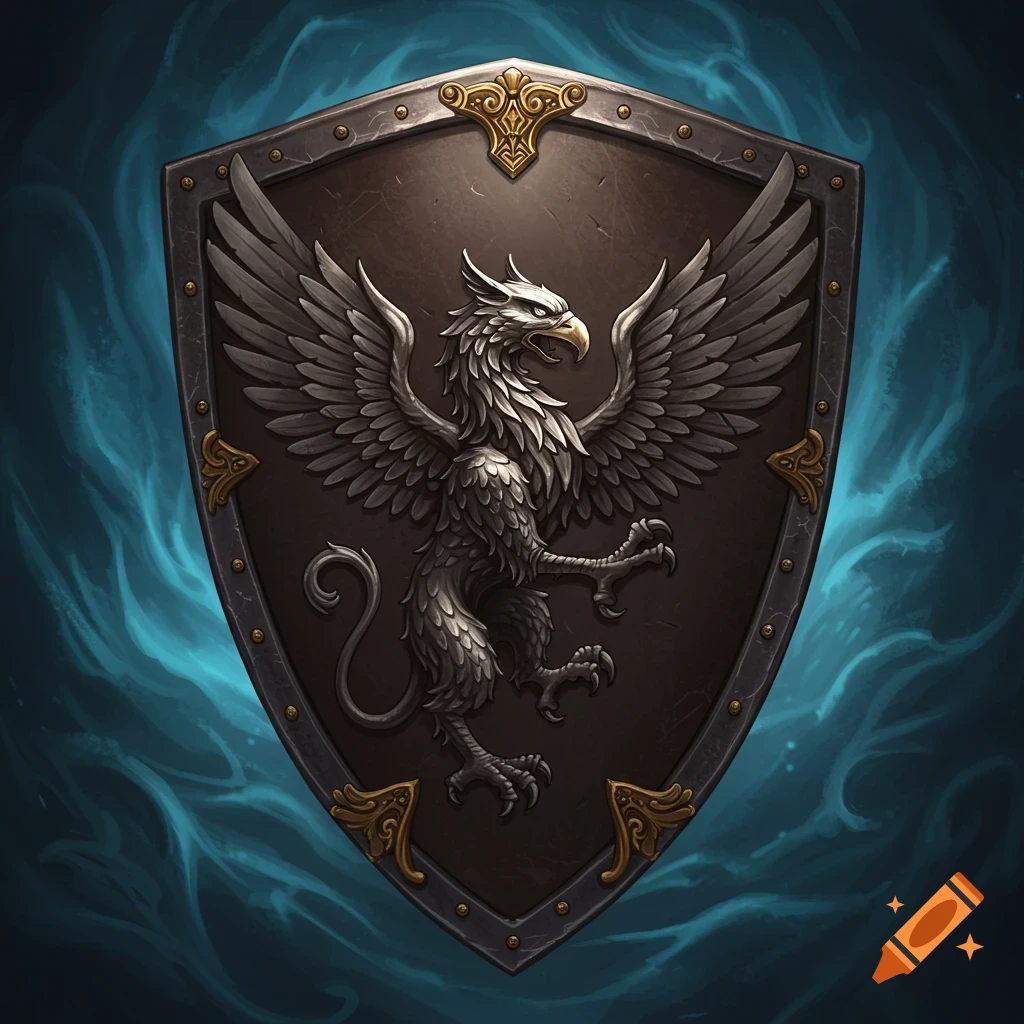 A fantasy shield featuring an engraved silver griffon on a dark background with blue smoky edges.