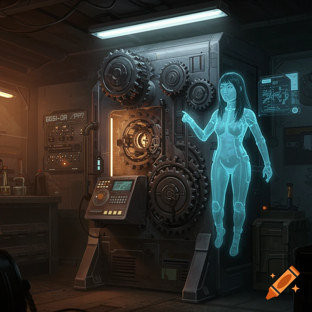A holographic woman interacts with a large, intricate futuristic machine in a workshop.