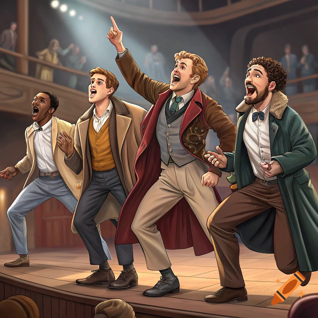 Four actors performing on a stage.