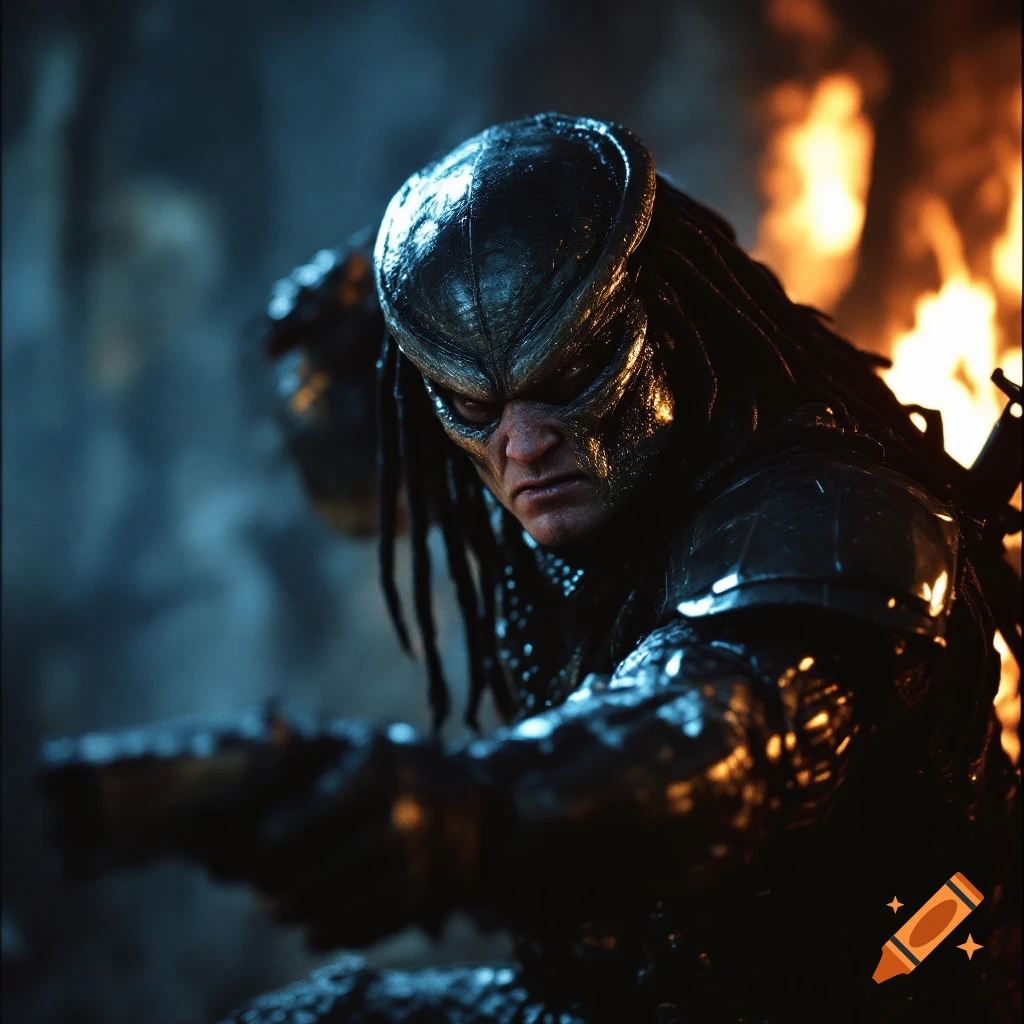 Photorealistic image of a character resembling Predator with a human face visible under the mask, fire in the background.