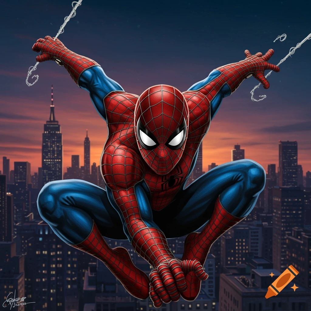 Spider-Man in classic suit web-slinging over a city skyline at sunset.