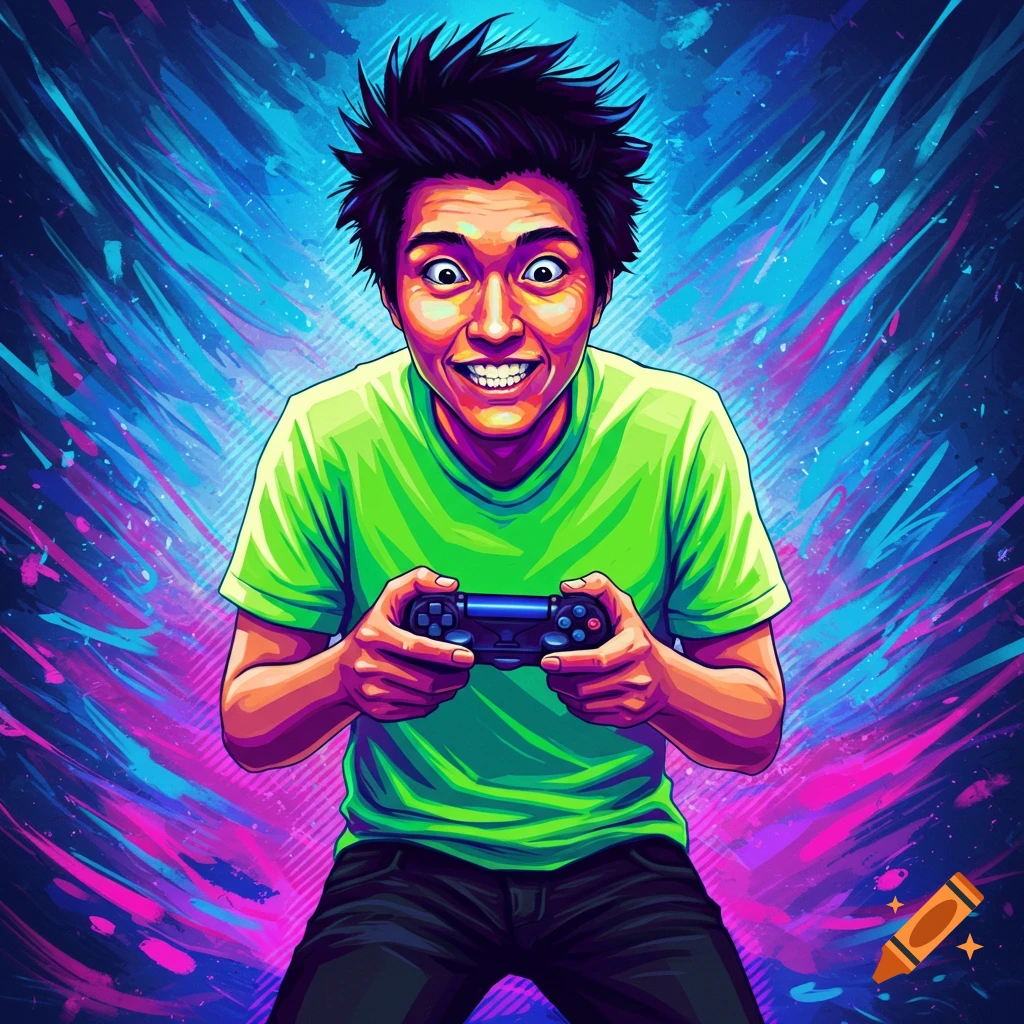 Stylized illustration of an excited gamer holding a controller