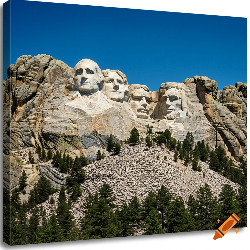 Mount Rushmore national monument with carvings of four presidents in a mountain face under a clear sky.